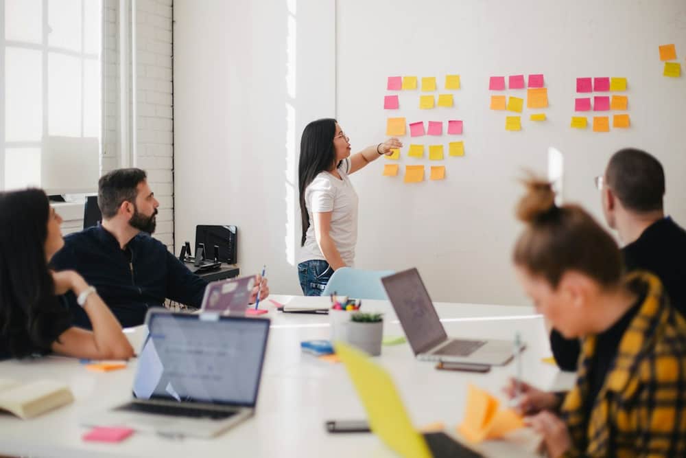Team planning a training program on a whiteboard